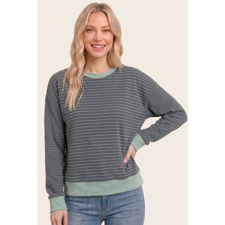 SAGE MICRO BRUSHED STRIPE CREW SWEATSHIRT