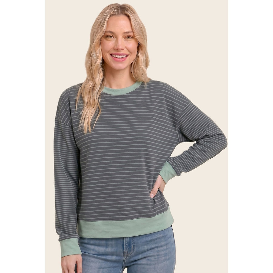 SAGE MICRO BRUSHED STRIPE CREW SWEATSHIRT
