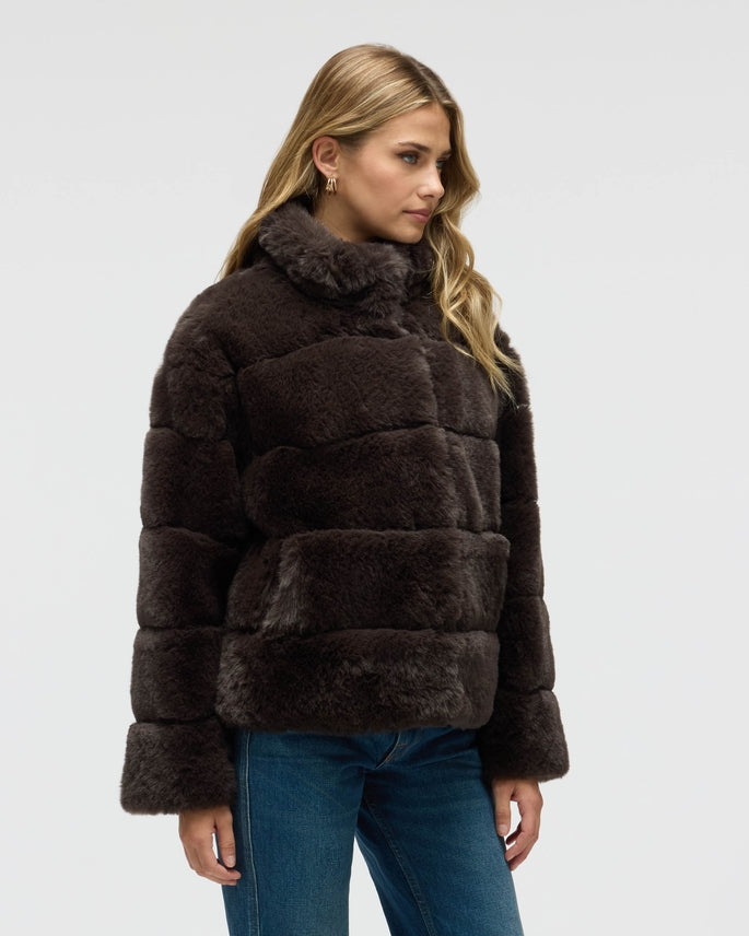 EVA ESPRESSO FAUX FUR STAND COLLAR JACKET
