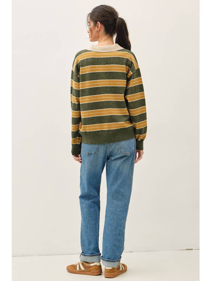 HUNTER GREEN & GOLD STRIPE POLO COLLAR SWEATER