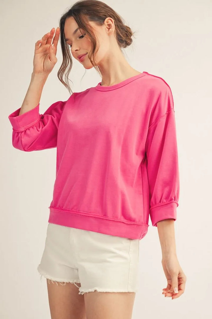 FUCHSIA 3/4 SLEEVE CASUAL CREW