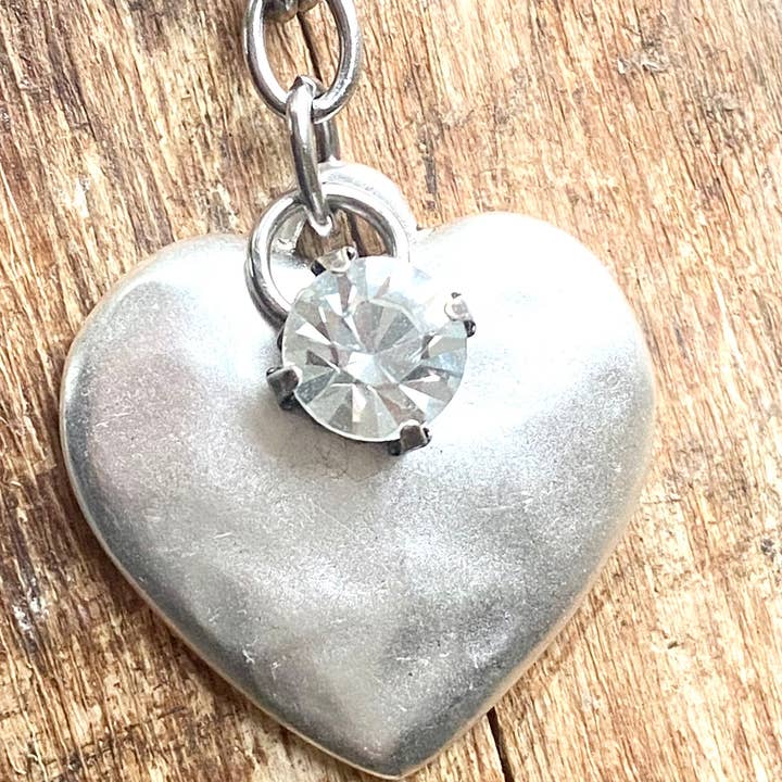 SILVER HAMMERED HEART AND SWAROVSKI CRYSTAL NECKLACE