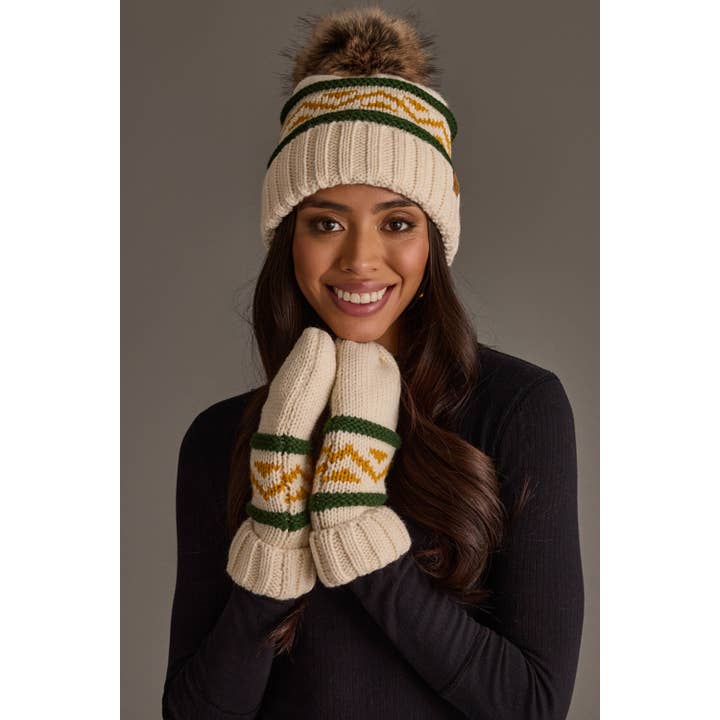 CREAM, GREEN & GOLD PATTERNED MITTENS