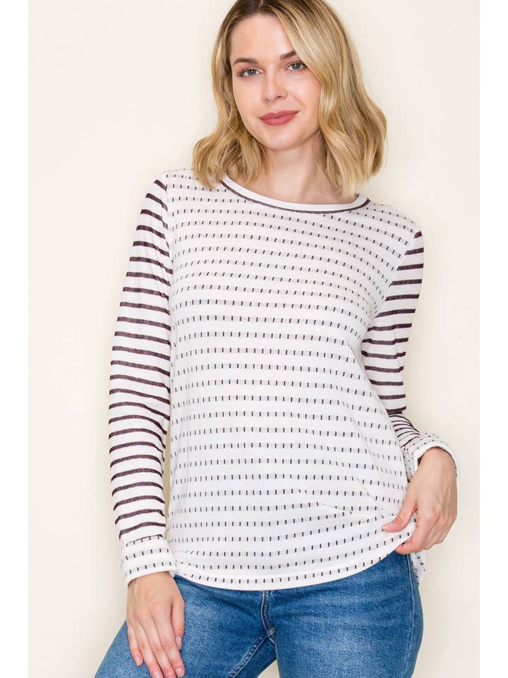 WINE DOUBLE STRIPED BALLGAME KNIT TOP