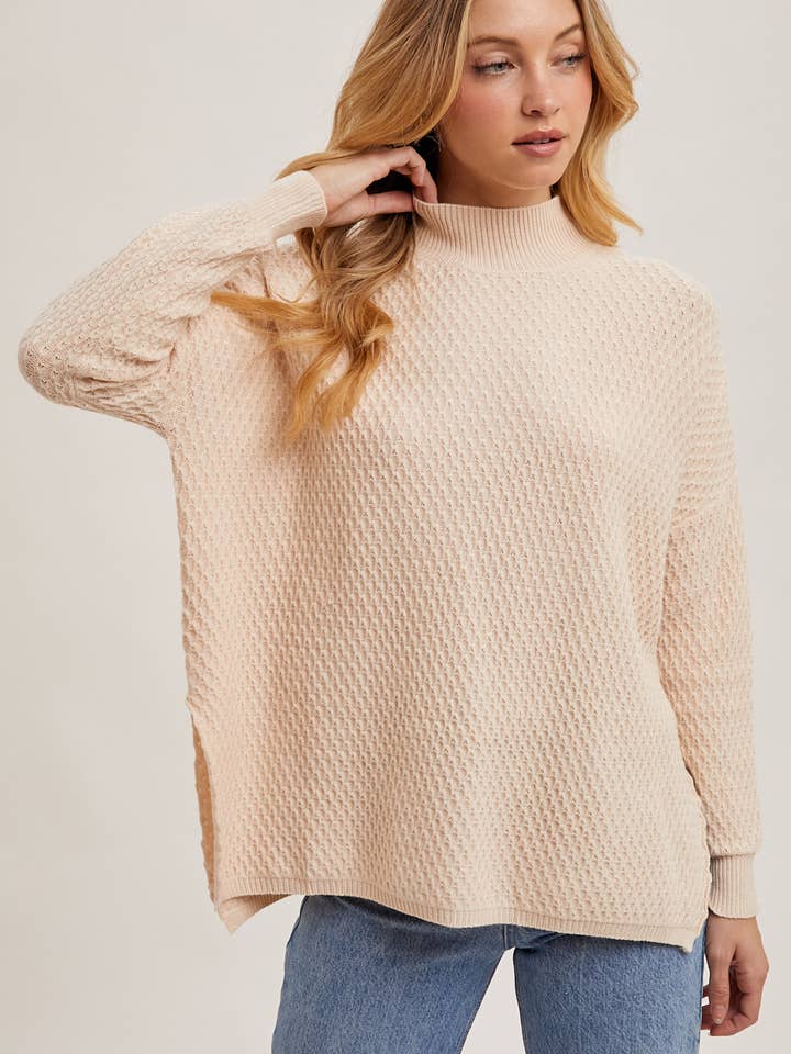 SHELL WAFFLE KNIT MOCK NECK SWEATER

