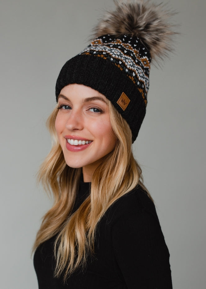 DARK GREY MUSTARD WHITE & BLUE POM HAT