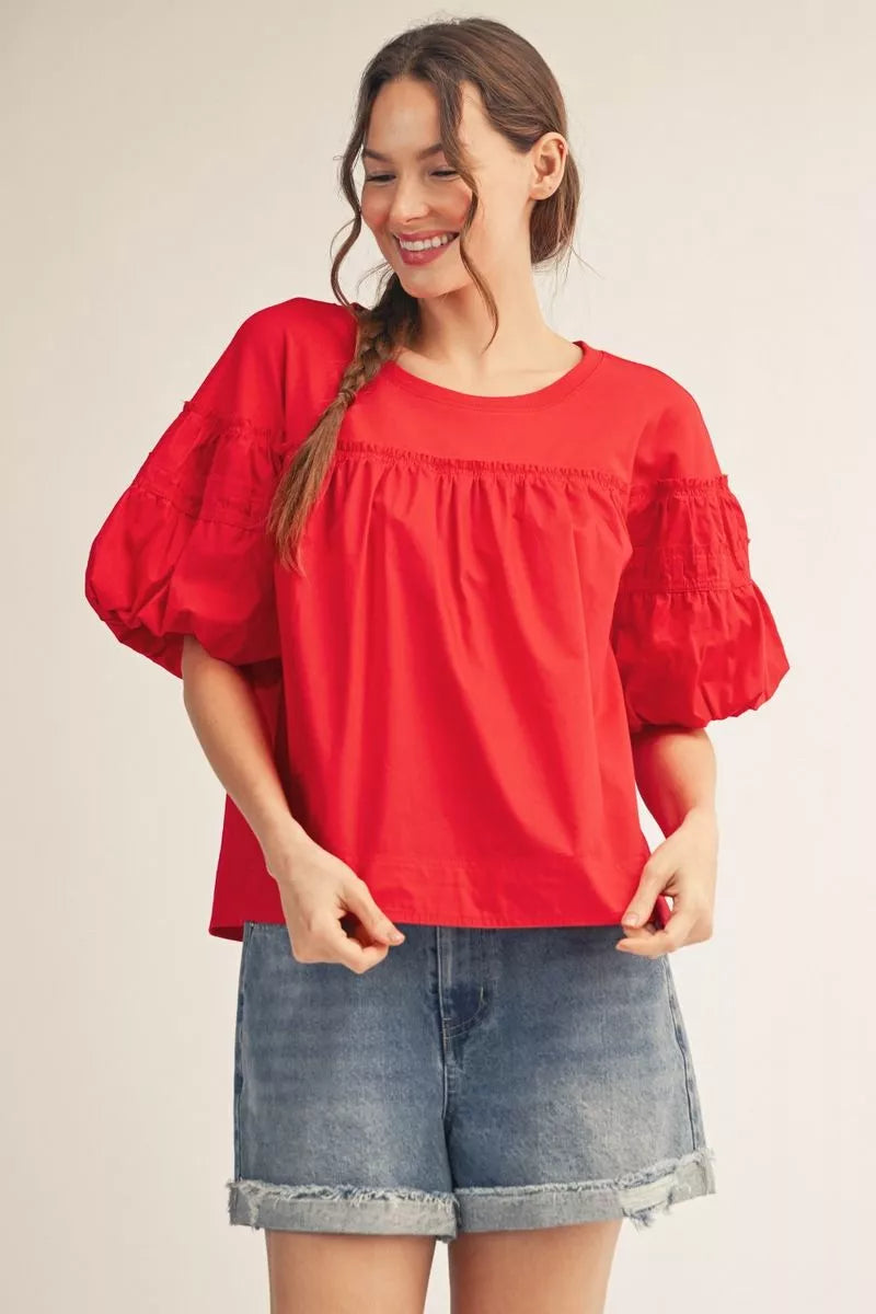 AMY SOLID RED SMOCKED SHORT SLEEVE TOP
