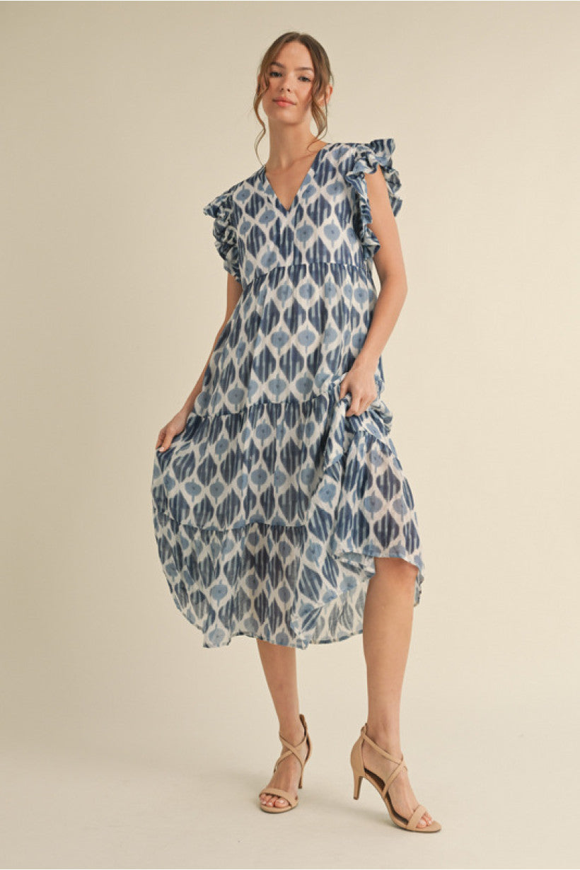 LIMITLESS BLUE PRINT MIDI DRESS