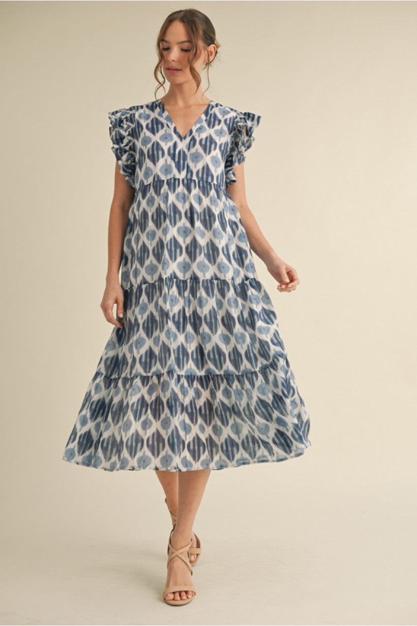 LIMITLESS BLUE PRINT MIDI DRESS
