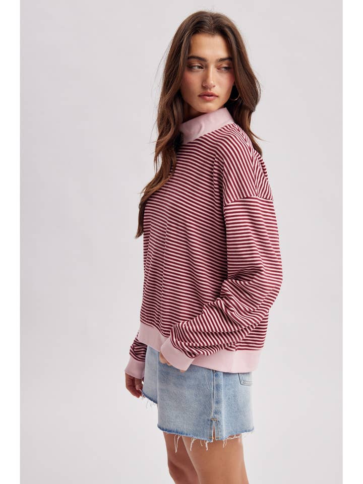 BURGUNDY & PINK STRIPE MOCK NECK SWEATSHIRT