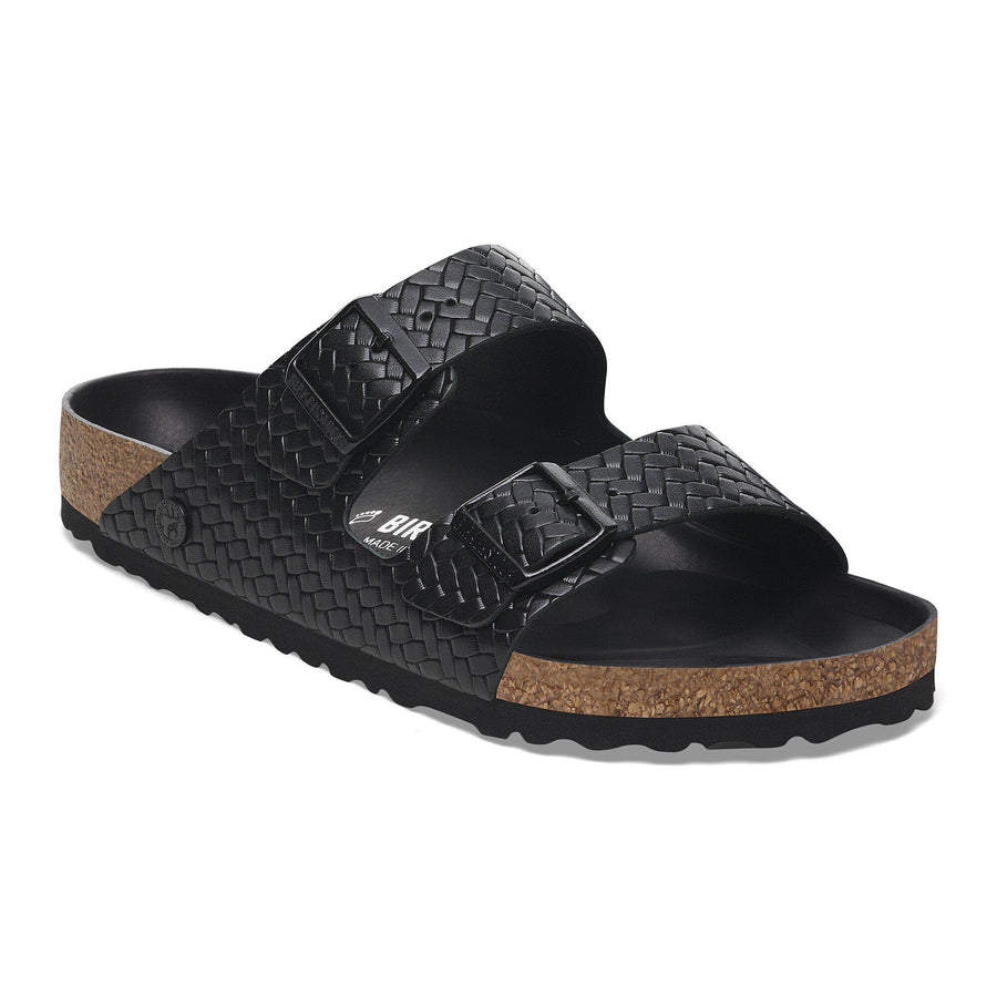 ARIZONA BLACK WOVEN EMBOSSED LEATHER SANDAL
