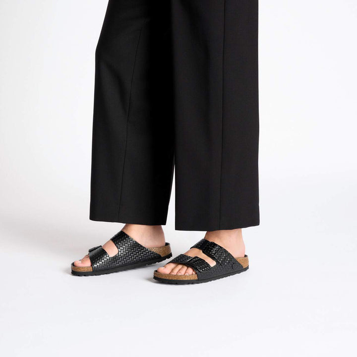 ARIZONA BLACK WOVEN EMBOSSED LEATHER SANDAL