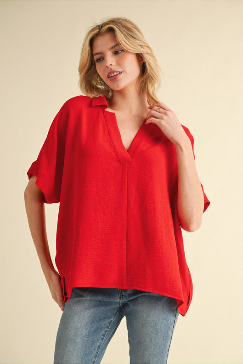 CHERRY RED JOHNNY COLLAR BLOUSE
