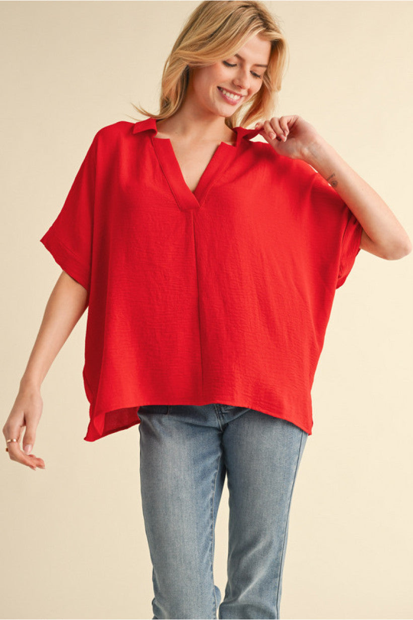 CHERRY RED JOHNNY COLLAR BLOUSE
