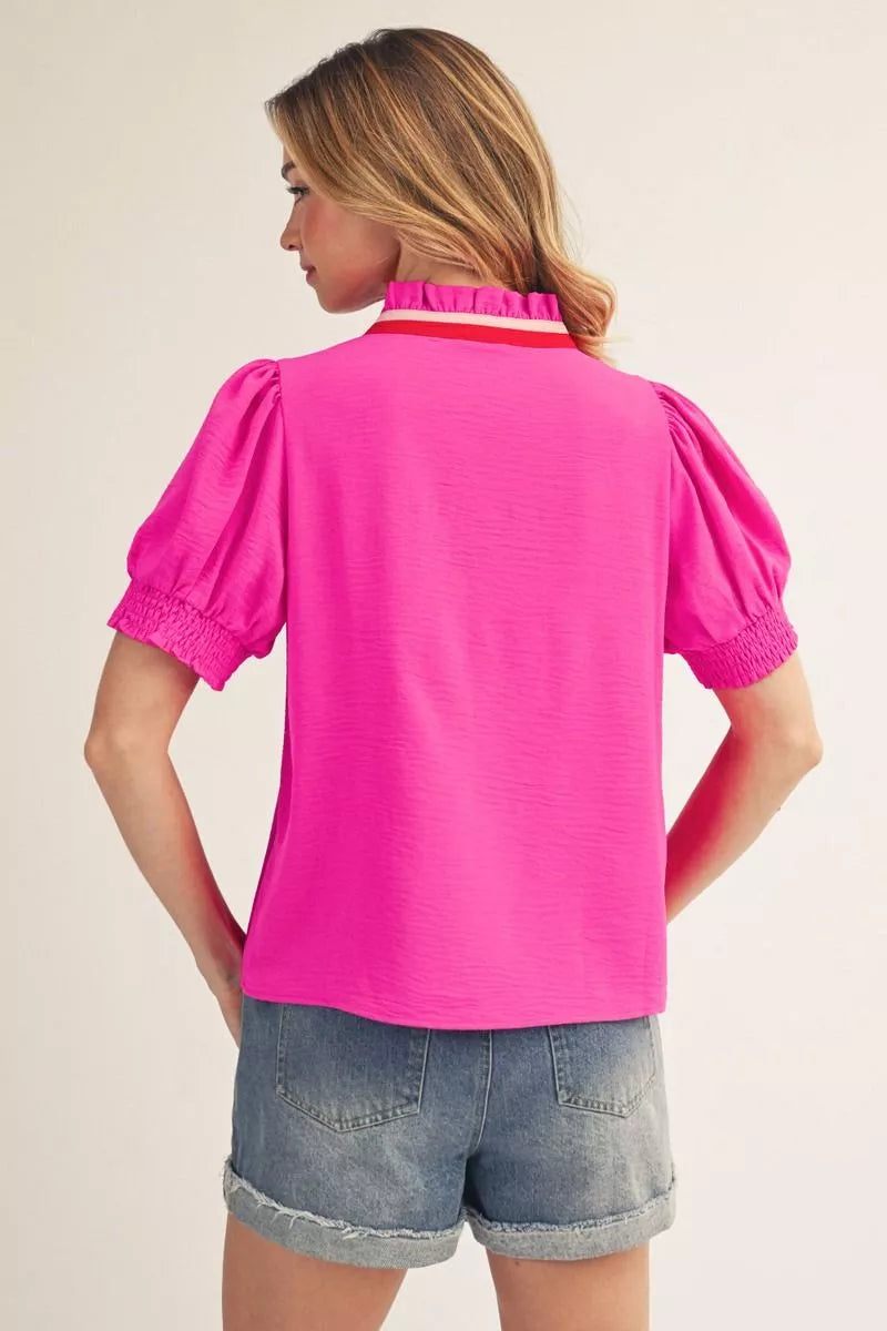 ANNA FUCHSIA COLOR CONTRAST PUFF SLEEVE TOP