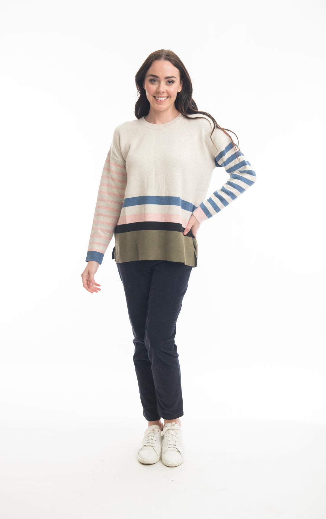 MATILDA OATMEAL & DENIM STRIPE REVERSIBLE SWEATER