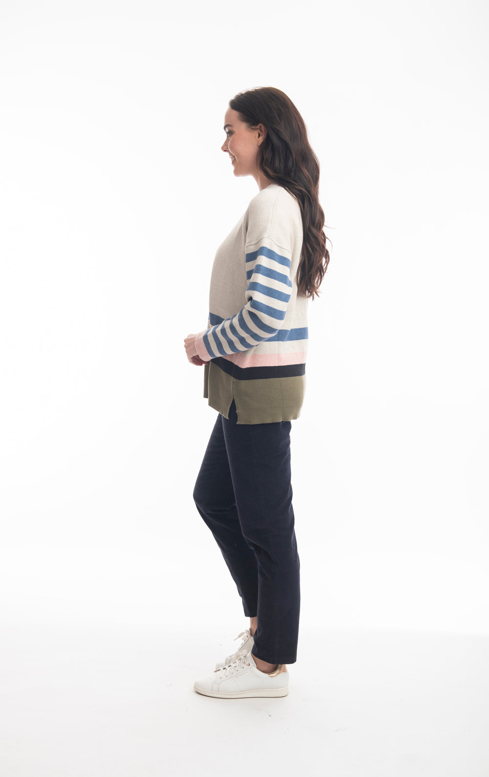 MATILDA OATMEAL & DENIM STRIPE REVERSIBLE SWEATER
