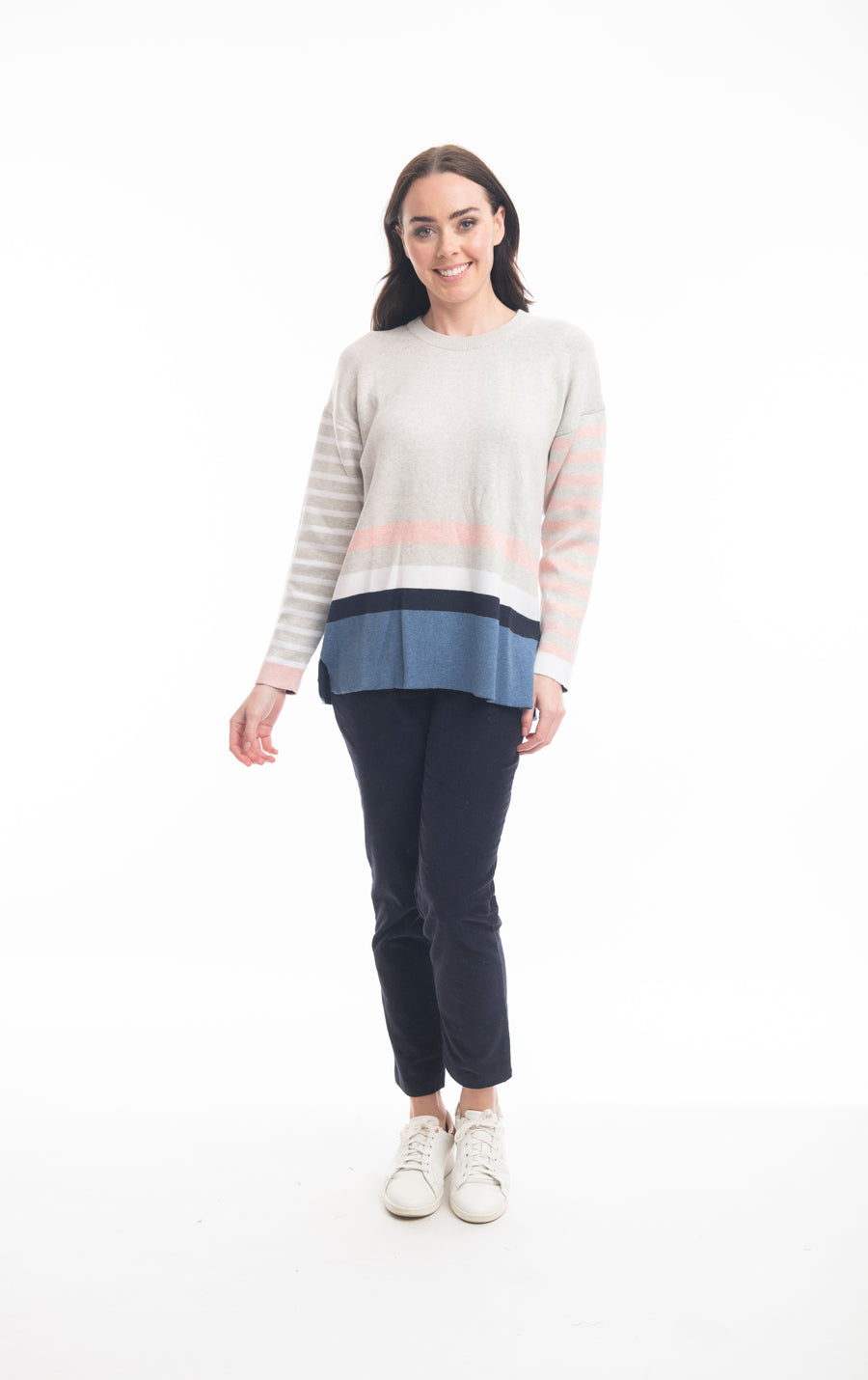 OLIVIA HEATHER GREY & PINK STRIPE REVERISBLE SWEATER
