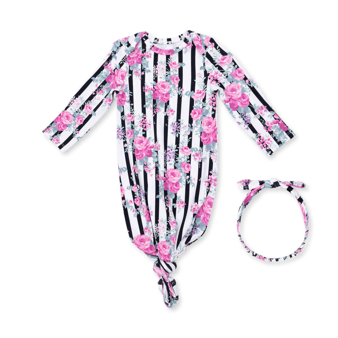 CABBAGE ROSE STRIPE KNOTTED GOWN & HEADBAND