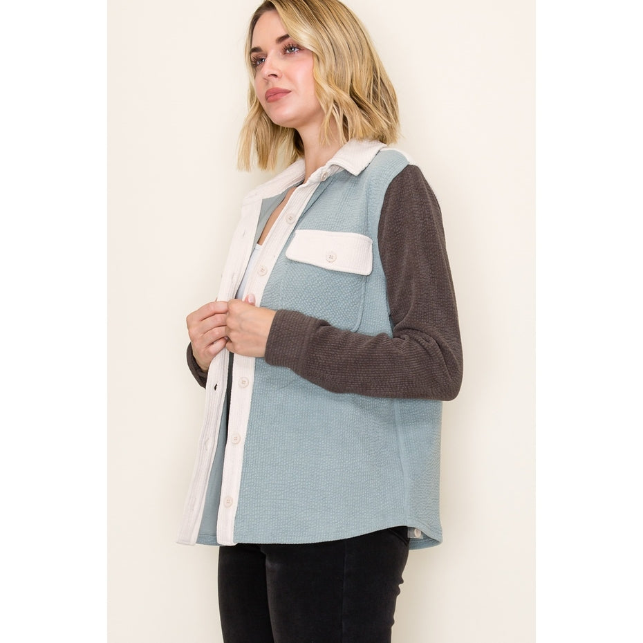 AQUA & MOCHA COLORBLOCK TEXTURED SHACKET
