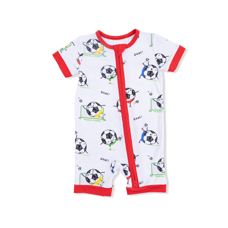 BLUE SOCCER BALLS PLAYING SOCCER SHORTIE 2 WAY ZIPPER ROMPER

