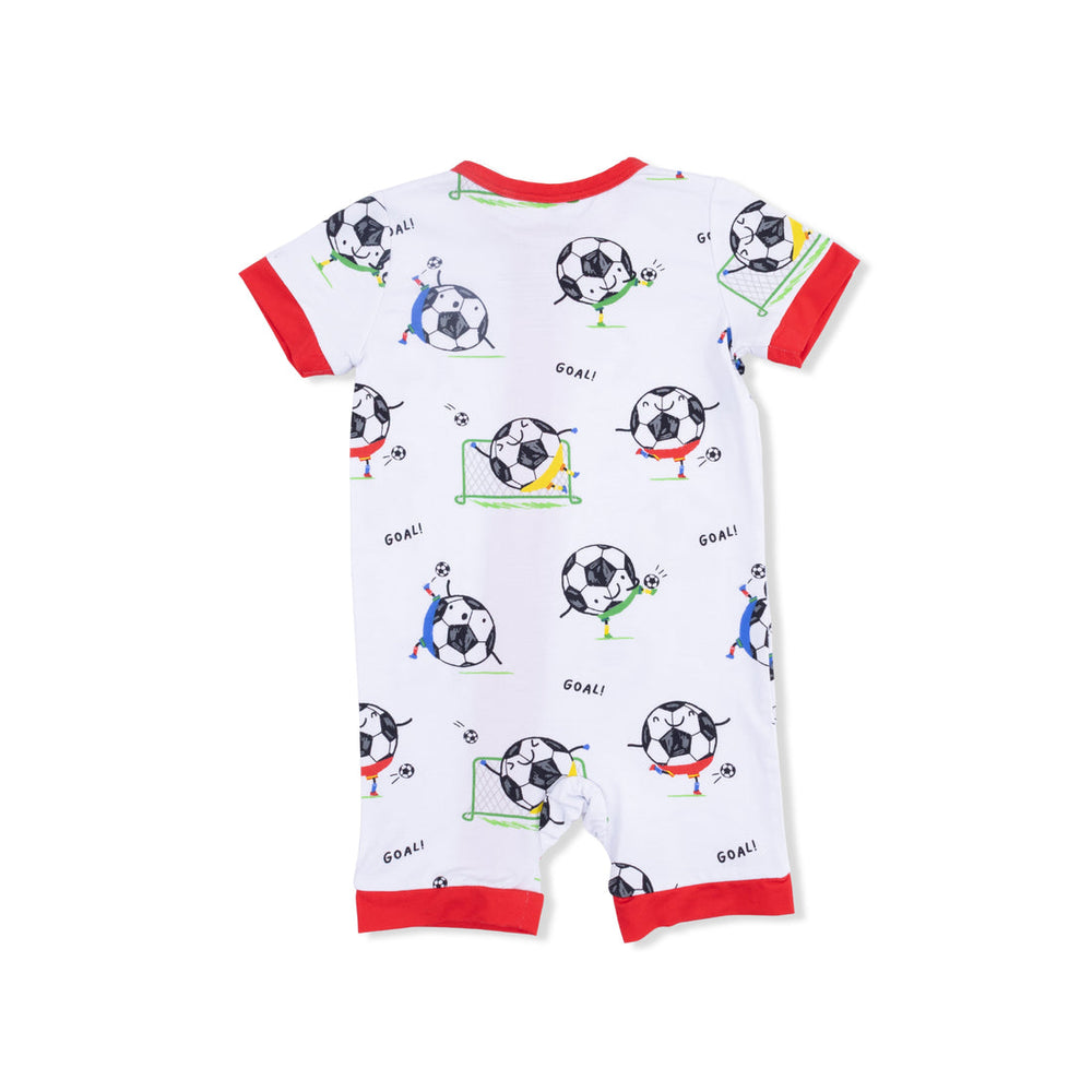 BLUE SOCCER BALLS PLAYING SOCCER SHORTIE 2 WAY ZIPPER ROMPER

