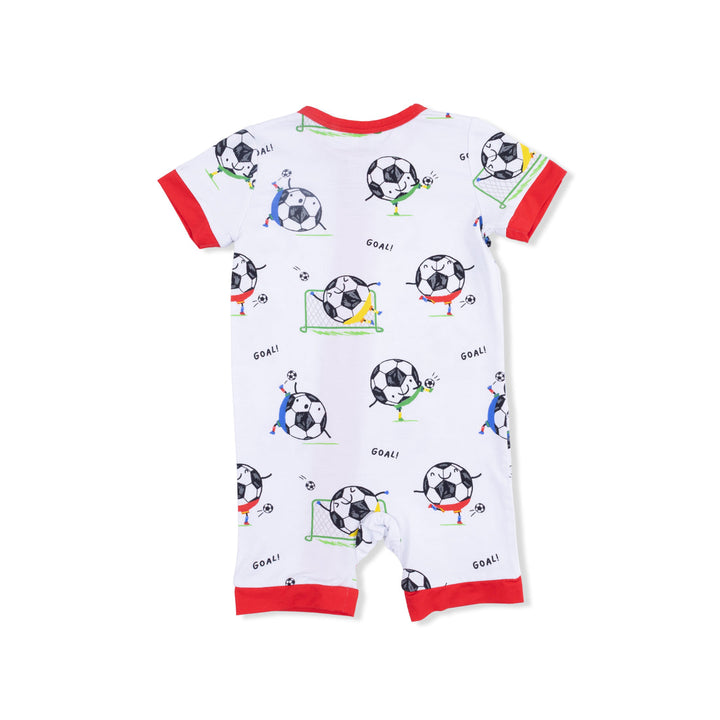 BLUE SOCCER BALLS PLAYING SOCCER SHORTIE 2 WAY ZIPPER ROMPER
