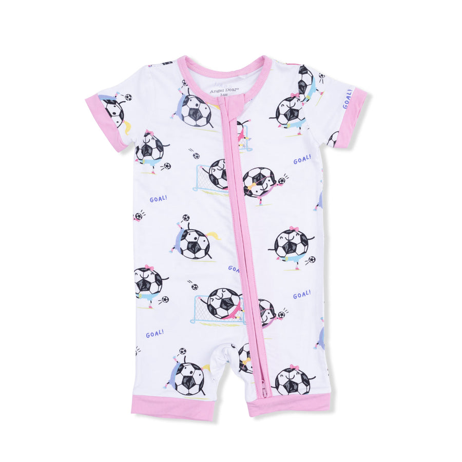 PINK SOCCER BALLS PLAYING SOCCER SHORTIE 2 WAY ZIPPER ROMPER
