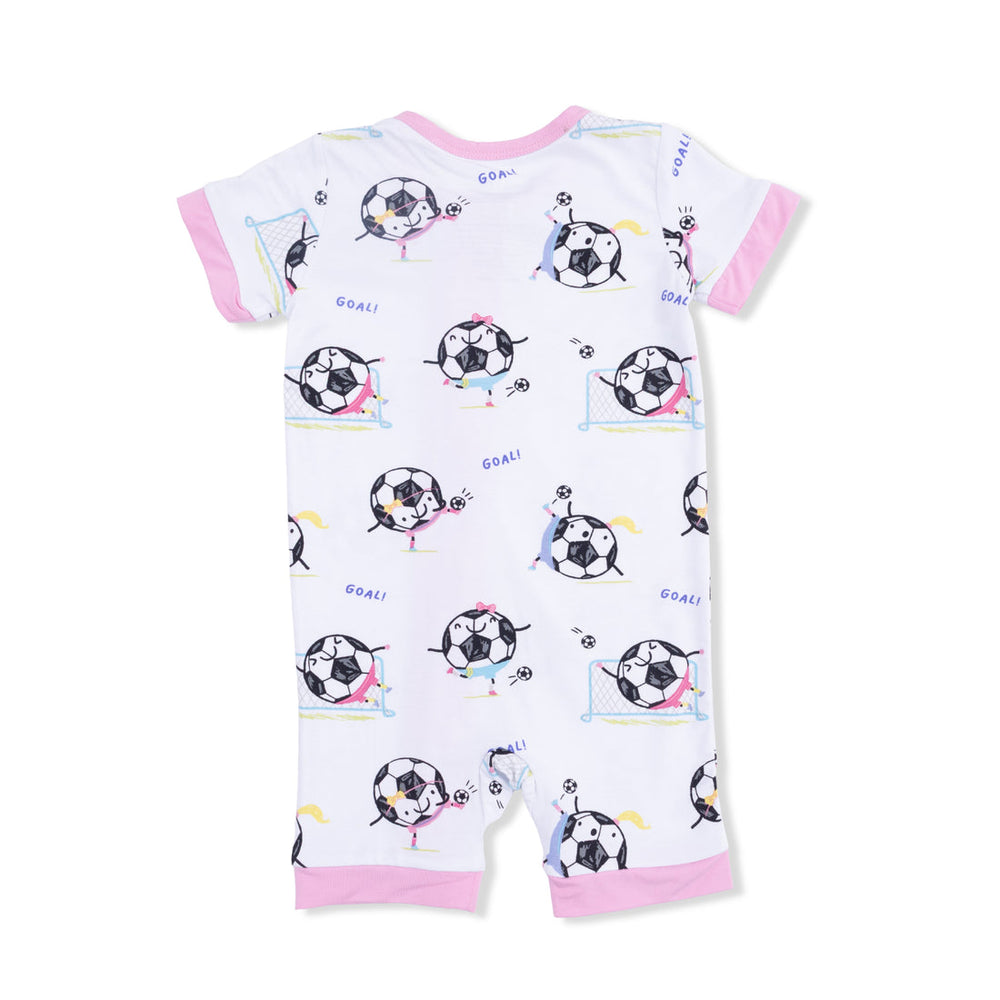 PINK SOCCER BALLS PLAYING SOCCER SHORTIE 2 WAY ZIPPER ROMPER
