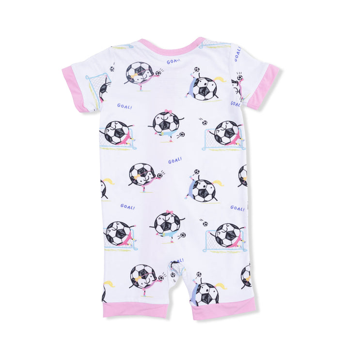 PINK SOCCER BALLS PLAYING SOCCER SHORTIE 2 WAY ZIPPER ROMPER
