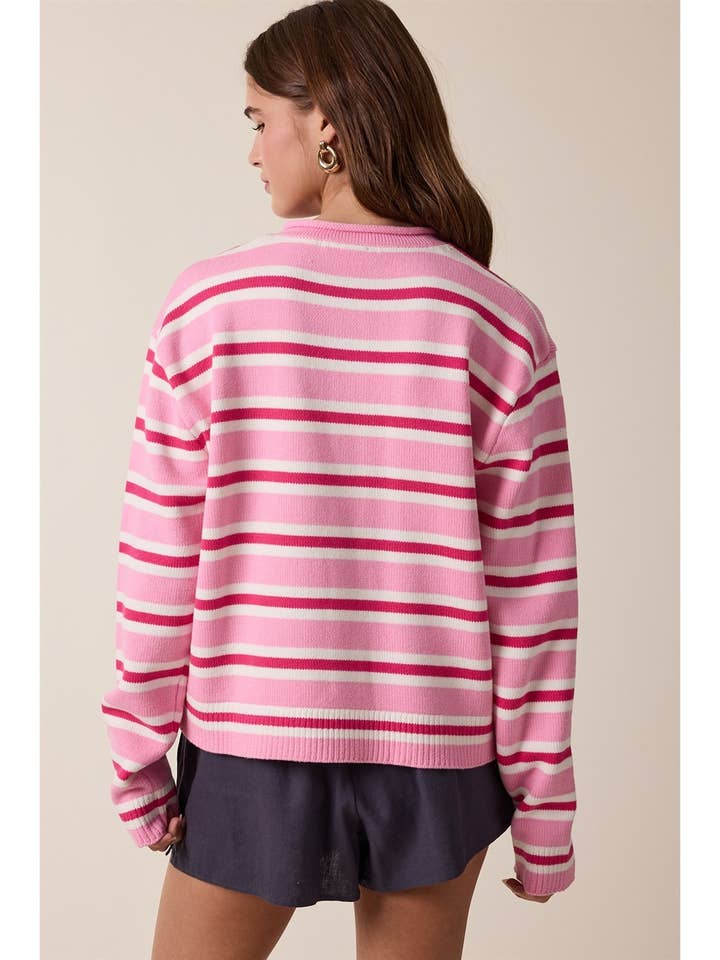 SWEETHEART STRIPE BUTTON UP CARDIGAN SWEATER
