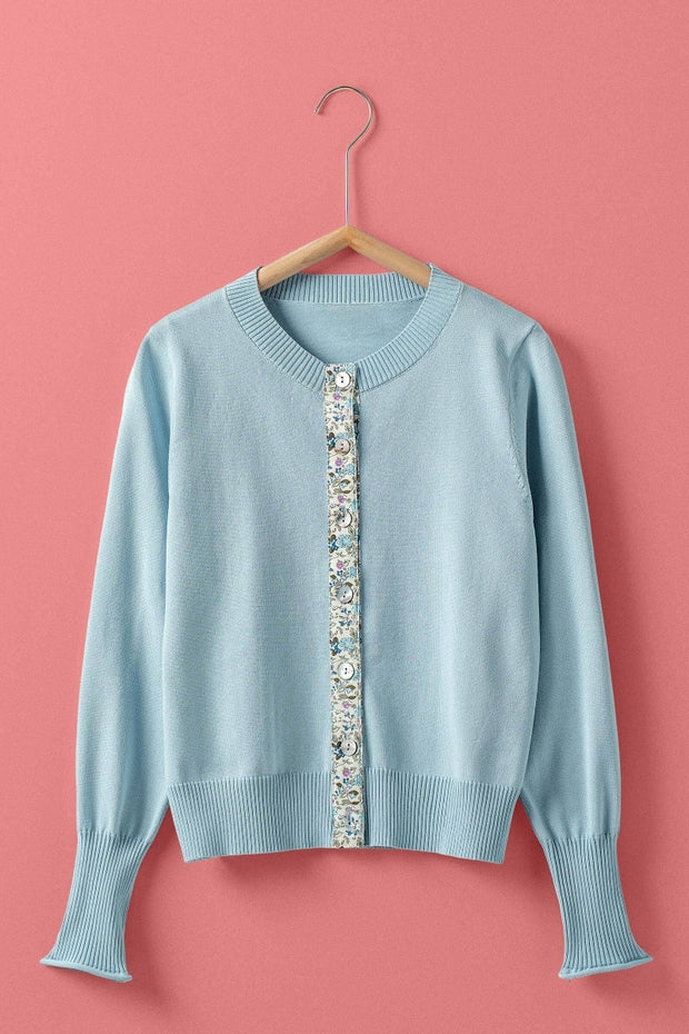 SUZ SKY BLUE CONTRAST FLORAL BUTTON CARDIGAN