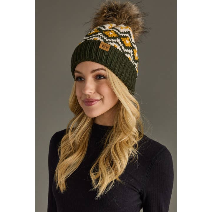 GREEN CREAM & GOLD POM BEANIE HAT
