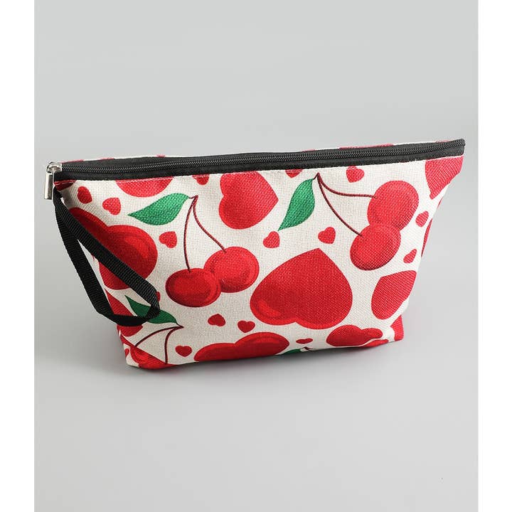 WOVEN CHERRY & HEART PRINT MAKE UP POUCH