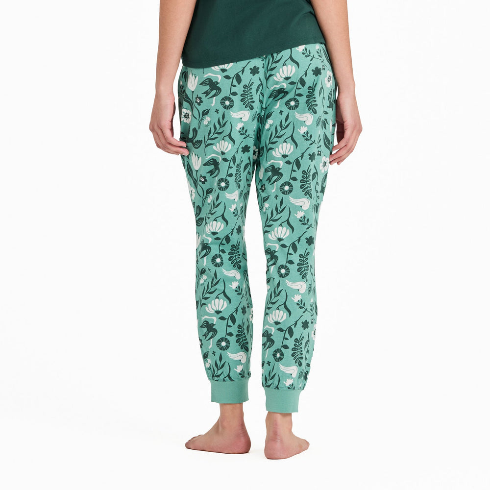 Women's Woodblock Floral and Bird Pattern Snuggle Up Sleep Jogger
