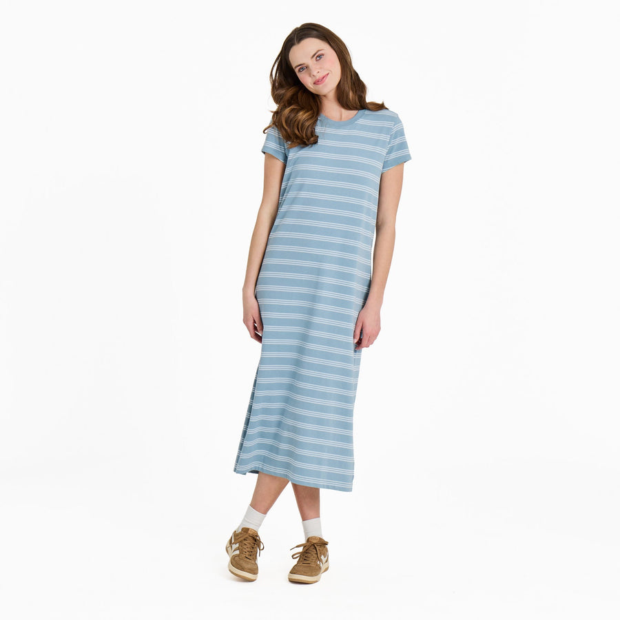 SMOKEY BLUE SOLID STRIPED CRUSHER WEEKEND DRESS
