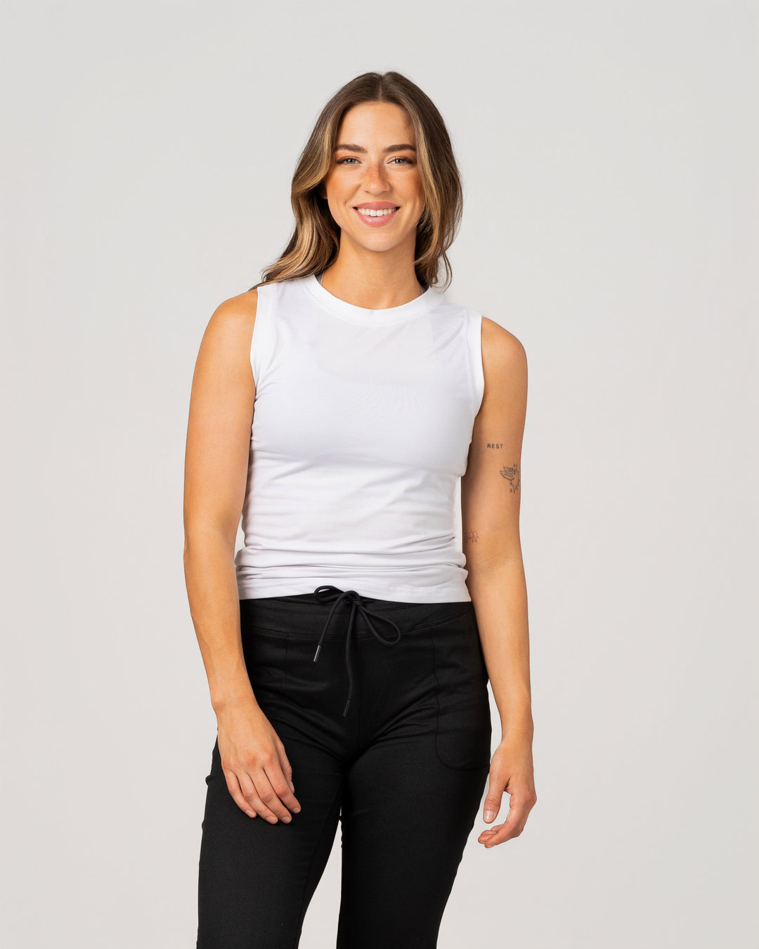 WHITE VARSITY HIGH STRETCH FITTED TANK