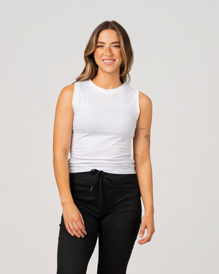 WHITE VARSITY HIGH STRETCH FITTED TANK