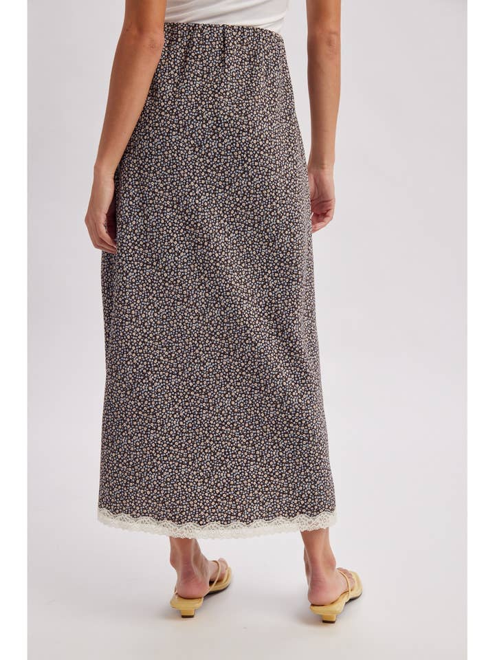 ESPRESSO BLUE LACE TRIM MIDI SKIRT