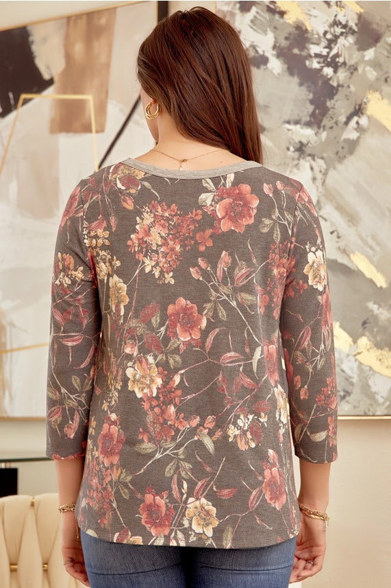 CHARCOAL FLORAL V-NECK TOP
