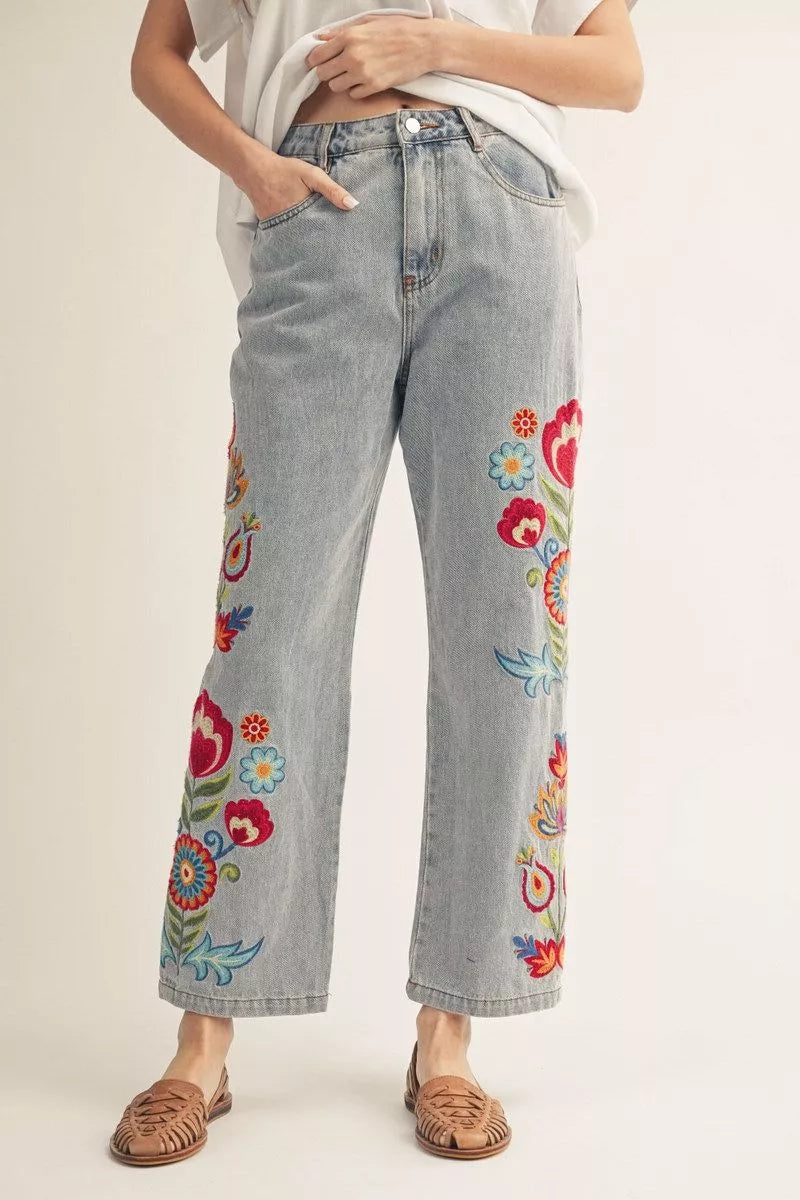 JUNIPER FLORAL EMBROIDERED WIDE LEG JEAN

