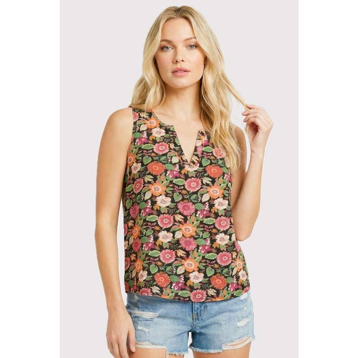 BLACK FLORAL SPLIT NECK SLEEVELESS TOP
