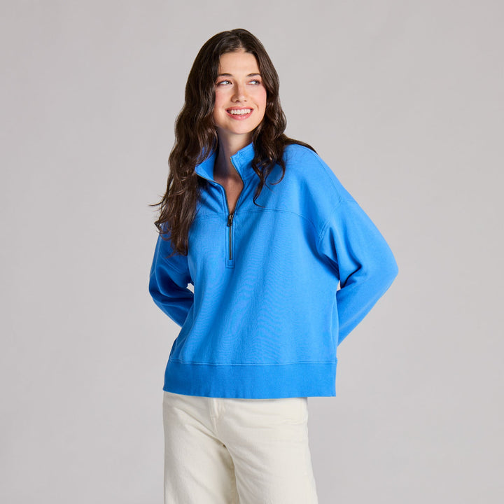 BLUE SOLID FRENCH TERRY BOXY QUARTER ZIP