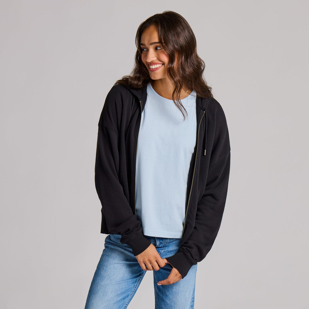 TRUE BLACK FRENCH TERRY BOXY ZIP HOODIE