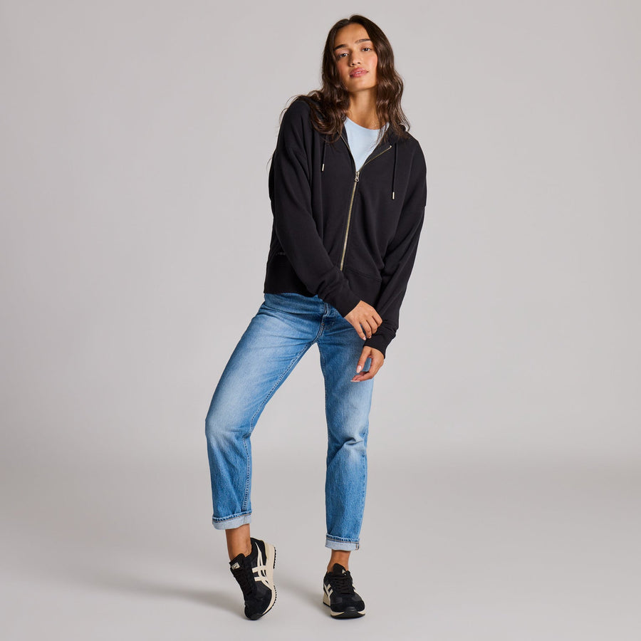 TRUE BLACK FRENCH TERRY BOXY ZIP HOODIE
