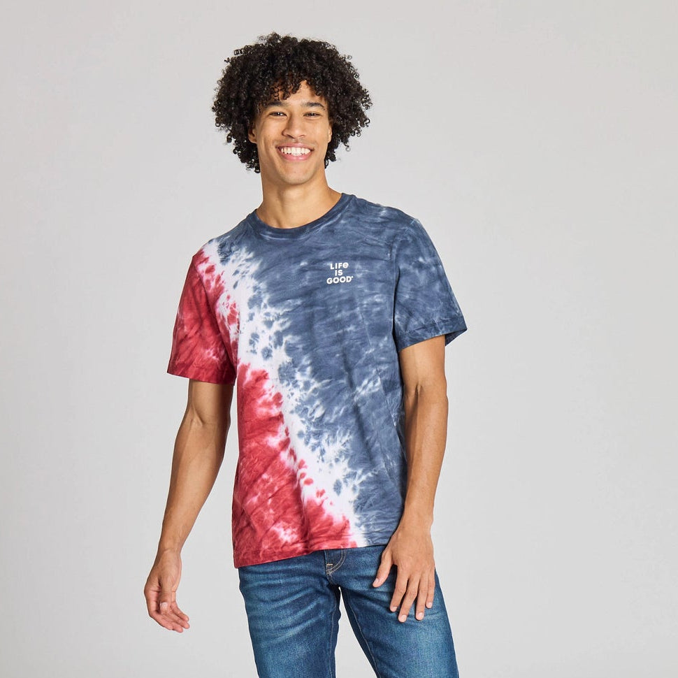 MEN'S STACKED LIFE IS GOOD RED WHITE & BLUE TIE-DYE CRUSHER TEE