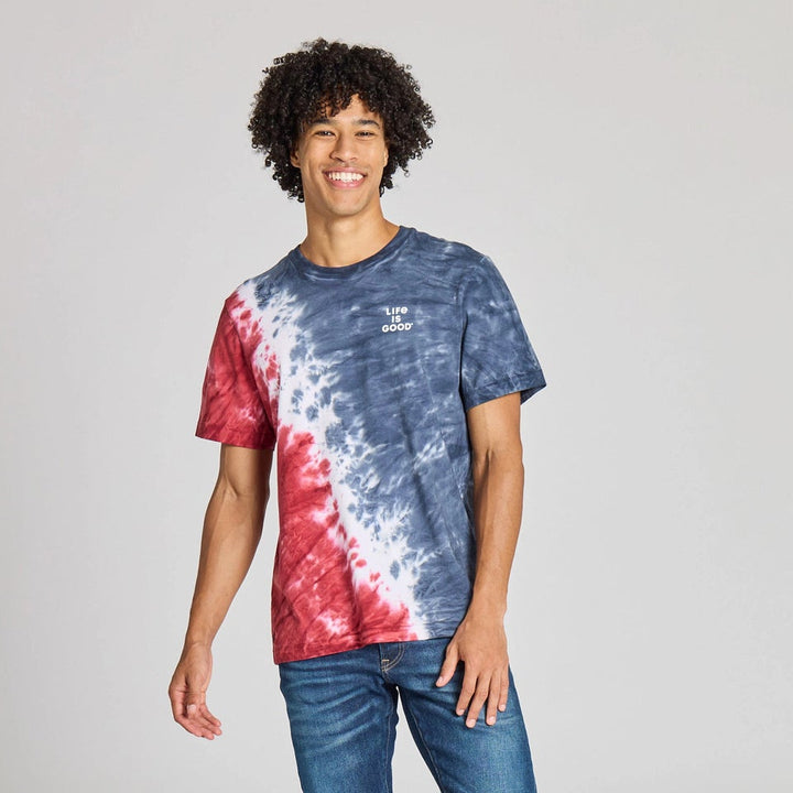 MEN'S STACKED LIFE IS GOOD RED WHITE & BLUE TIE-DYE CRUSHER TEE