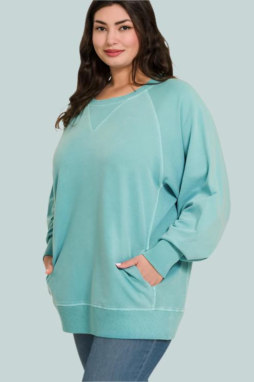 PLUS TURQUOISE FRENCH TERRY PULLOVER CREW