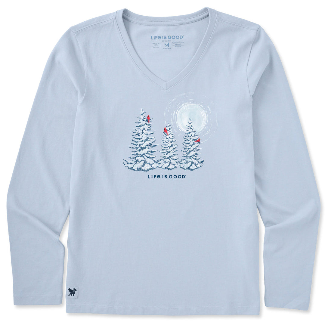 SNOWY PINES W/ CARDINALS L/S V-NECK CRUSHER TEE