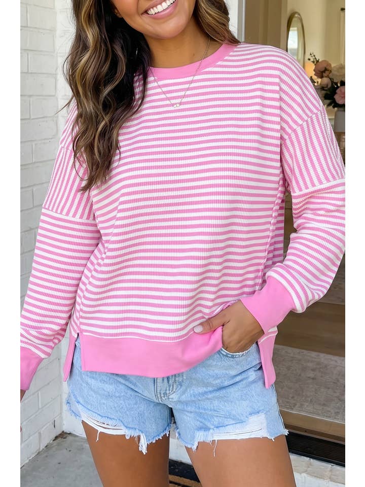 PINK STRIPE SIDE SLIT CREW